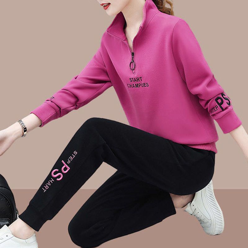 运动套装女秋季2021新款时尚立领长袖休闲跑步服女装卫衣两件套潮【2