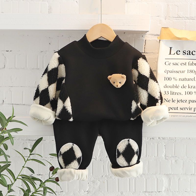 宝宝秋冬装加绒卫衣套装0—1-3岁男童加厚两件套婴儿衣服洋气韩版
