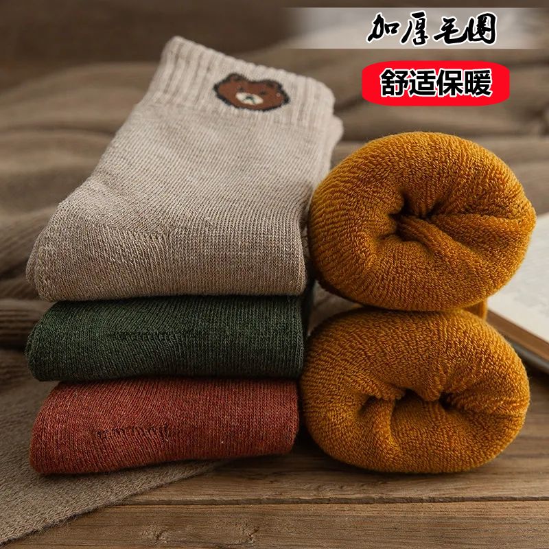 105941-秋冬款加绒加厚纯棉袜子女中长筒韩系潮流百搭纯色毛圈袜防寒保暖-详情图