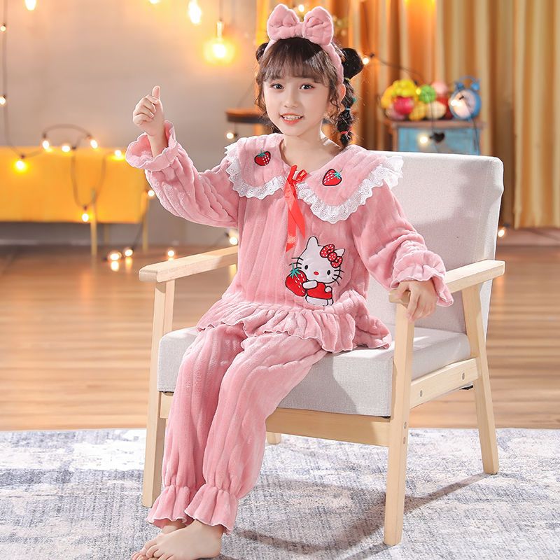 Girls Winter Princess Flannel Pajamas Cute Cartoon Warm Children's Coral Fleece Medium and Big Children's Home Clothes Set