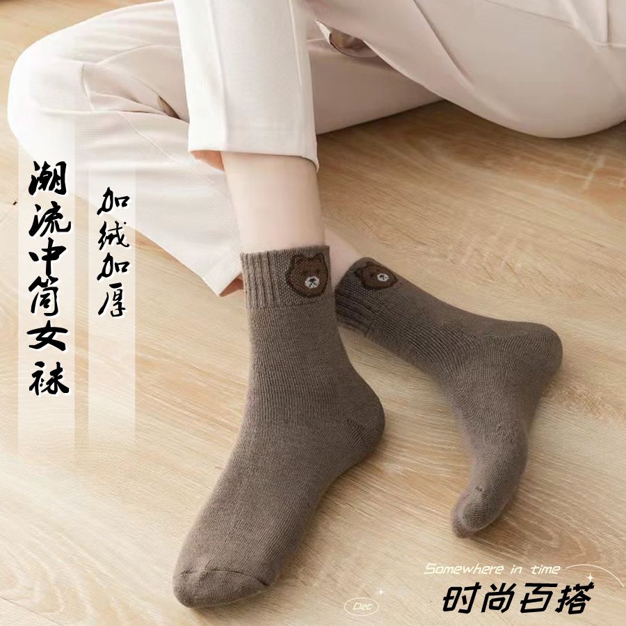 105941-秋冬款加绒加厚纯棉袜子女中长筒韩系潮流百搭纯色毛圈袜防寒保暖-详情图