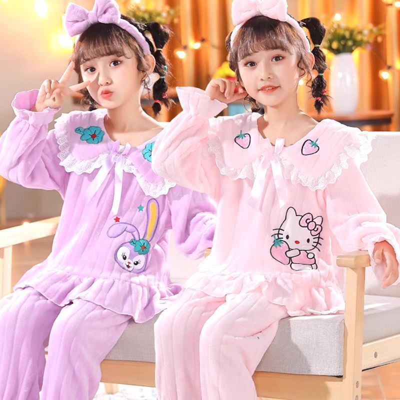 Girls Winter Princess Flannel Pajamas Cute Cartoon Warm Children's Coral Fleece Medium and Big Children's Home Clothes Set
