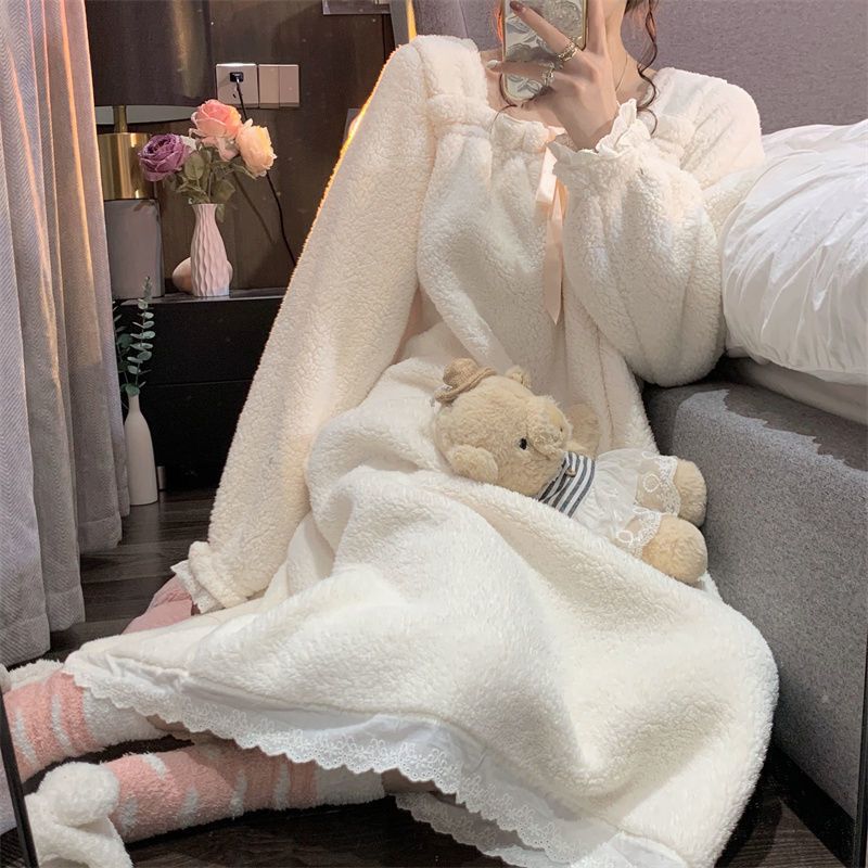 2023 autumn and winter new Korean version cute and sweet princess style pajamas warm home service plus velvet nightdress set