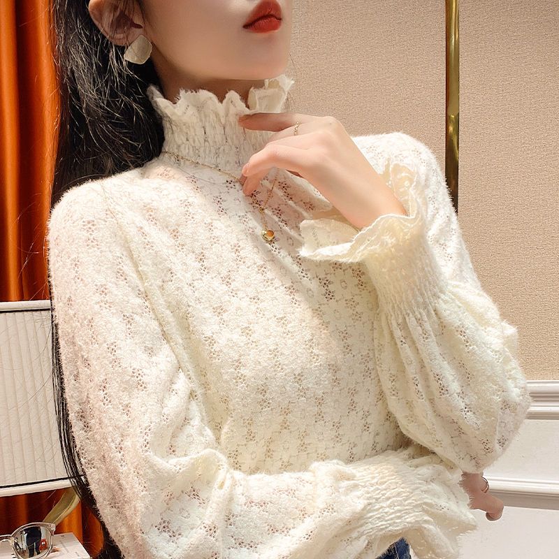 加绒加厚磨毛蕾丝打底衫内搭洋气2023新款秋冬百搭半高领保暖上衣