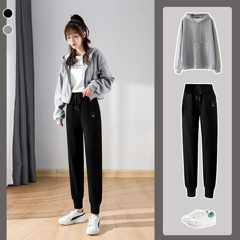 Beamed trousers women's eight-point small stature spring and autumn new plus velvet thickened European goods casual Harlan gray sports pants winter