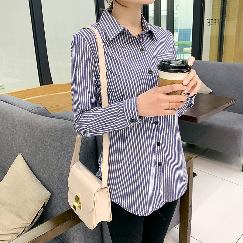 條紋襯衫女士春秋新款學院風長袖設計感小眾學生純棉襯衣內搭上衣