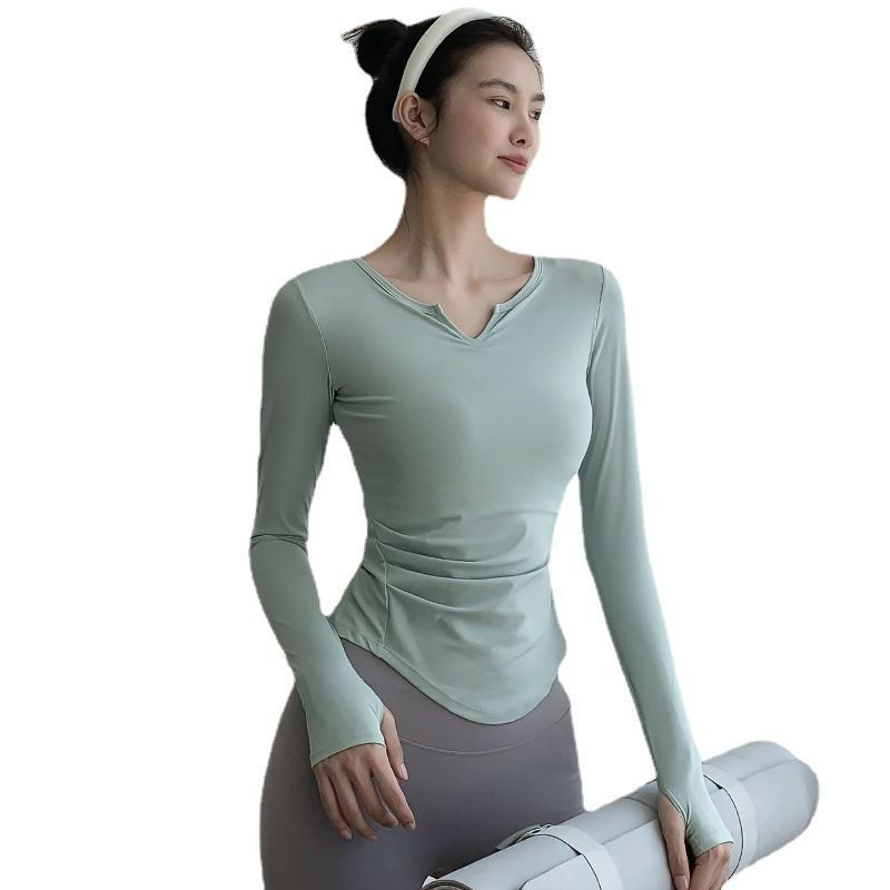 新款v领瑜伽服女秋冬跑步速干衣紧身显瘦运动长袖训练透气健身服