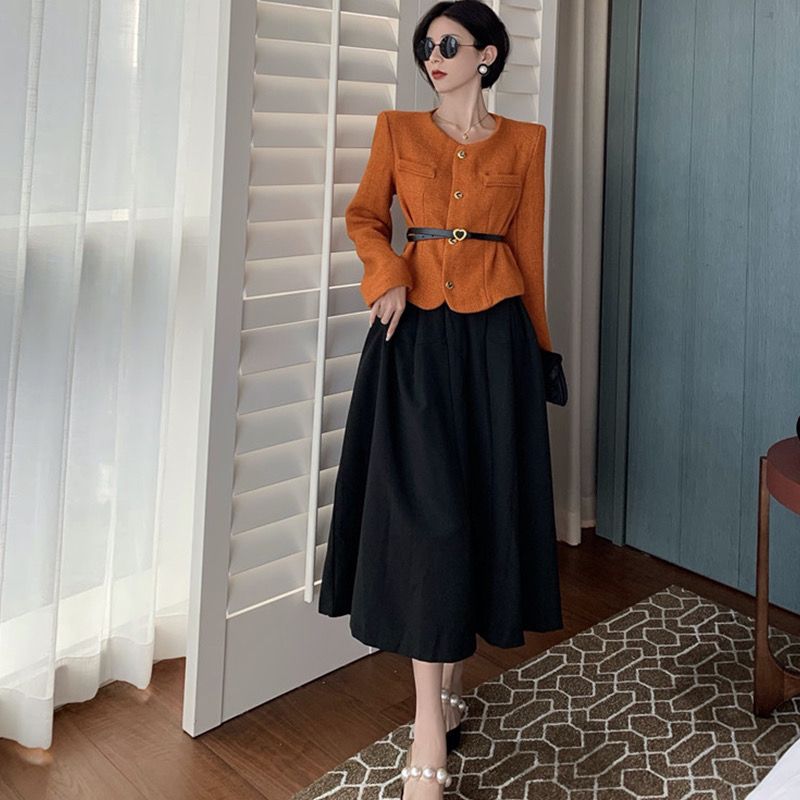 [High Quality] French Retro Temperament Fashion Suit Slim Waist Versatile Skirt Slim Fit Tweed Coat