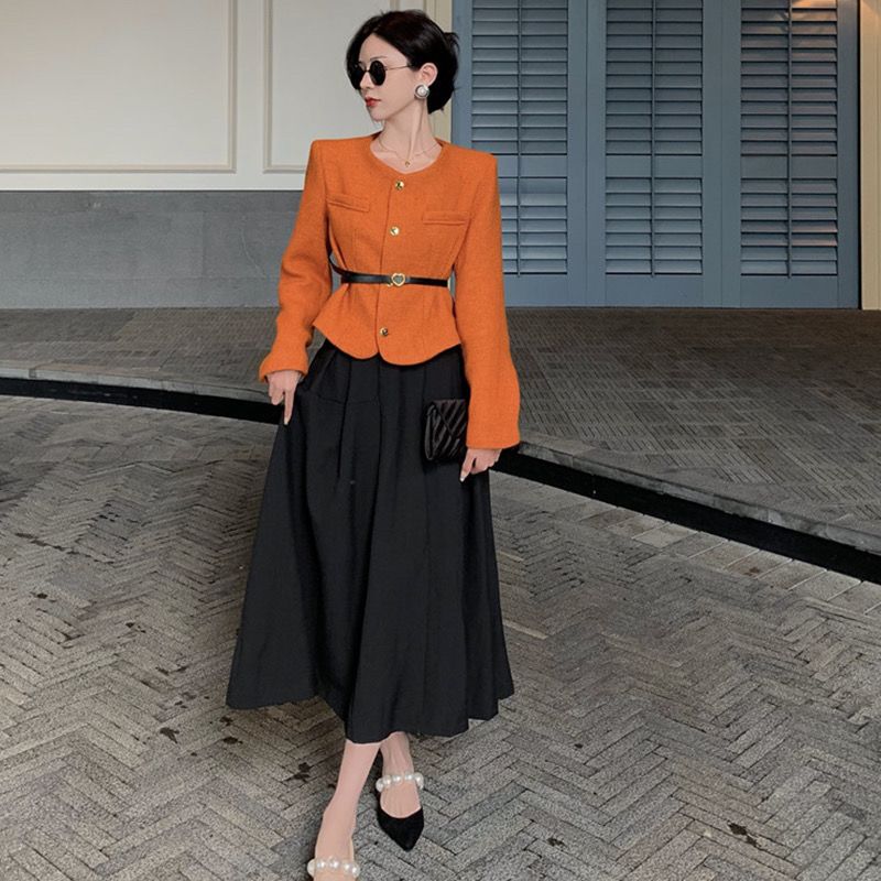 [High Quality] French Retro Temperament Fashion Suit Slim Waist Versatile Skirt Slim Fit Tweed Coat