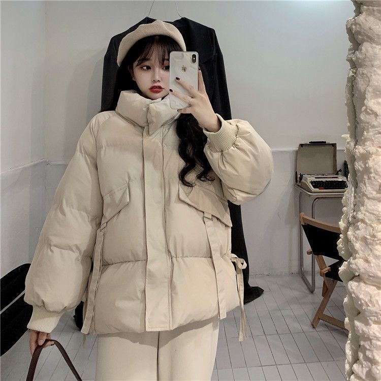 Stand-up collar quilted cardigan jacket women's winter loose zipper warm thick cotton-padded clothes large pockets solid-color bread clothing