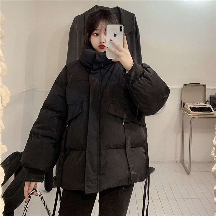 Stand-up collar quilted cardigan jacket women's winter loose zipper warm thick cotton-padded clothes large pockets solid-color bread clothing