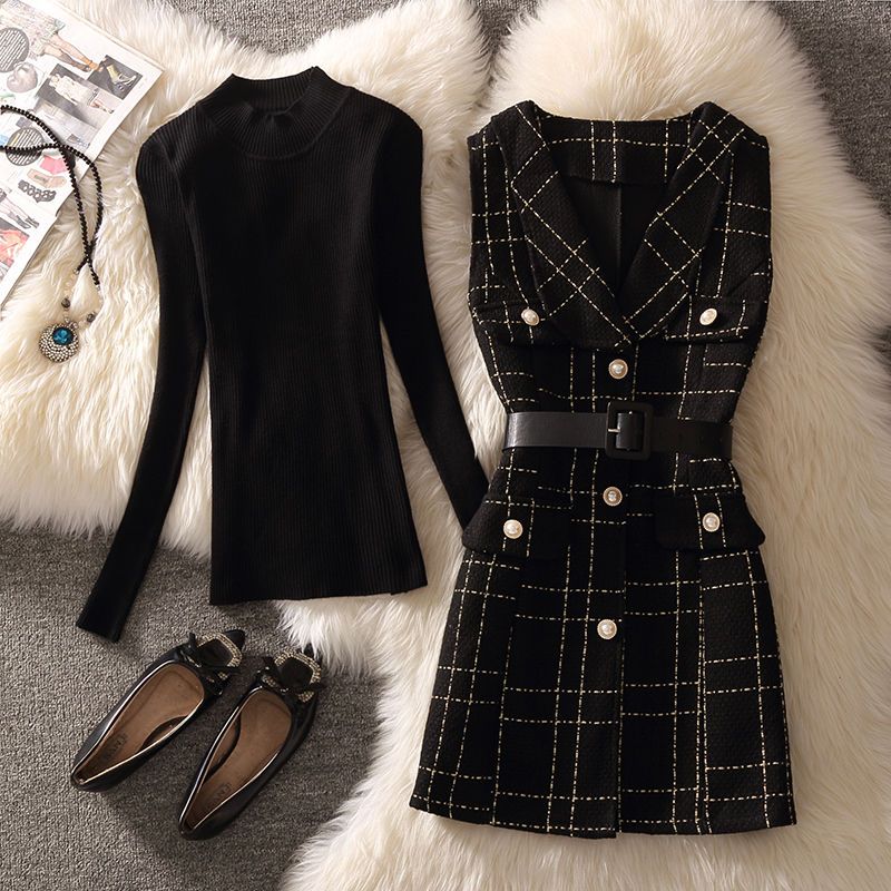 2023 Spring New Women's Sling Dress Suit Small Fragrance Fashion Sweater Temperament Goddess Fan Two-piece Set
