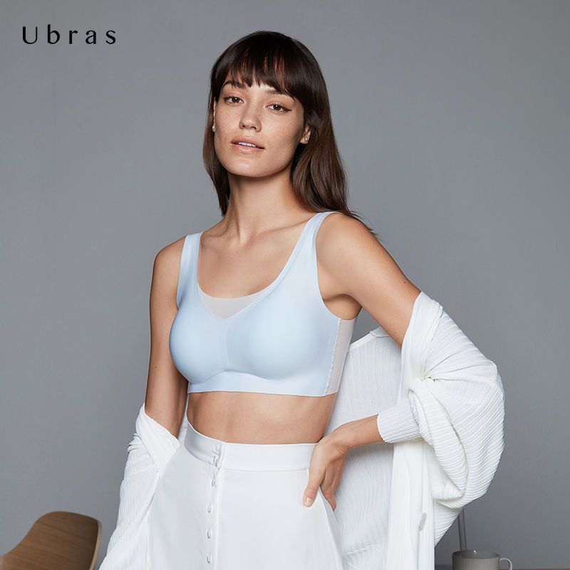 106090-Ubras网纱拼接背心文胸后背V领内衣女无钢圈薄款透气速干胸罩-详情图