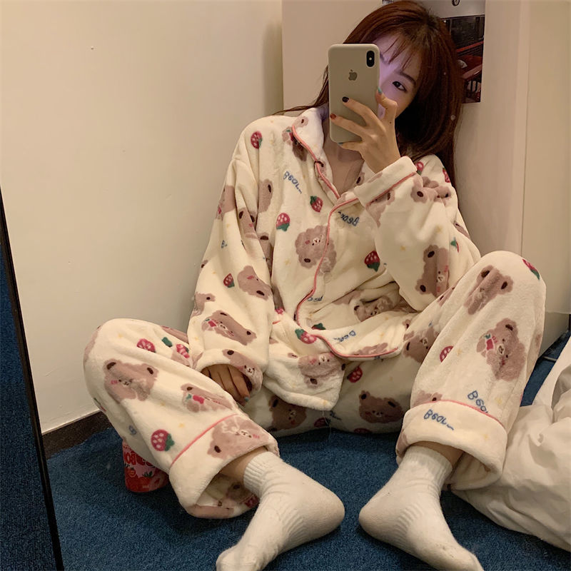珊瑚絨睡衣女秋冬季加厚加絨法蘭絨韓版可愛ins風冬款家居服套裝