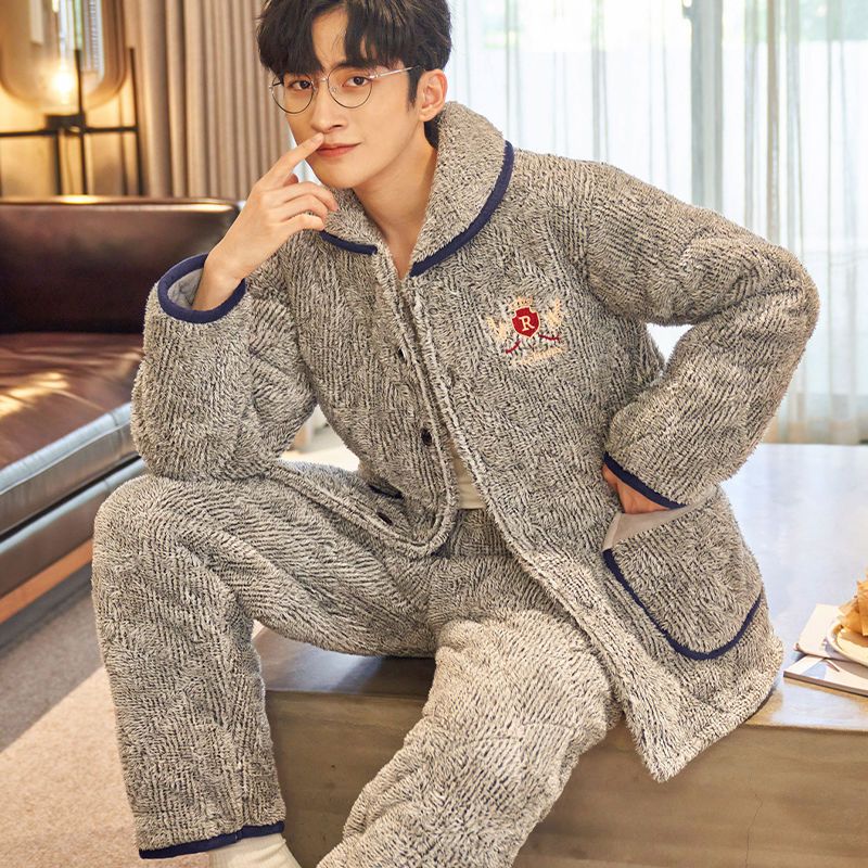 Pajamas men's winter thickened plus velvet warm coral fleece quilted youth flannel autumn and winter style home service suit