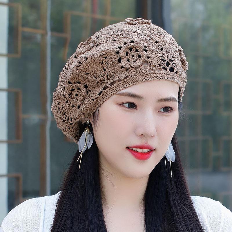 早秋新款手工钩花贝雷棉线镂空针织帽线帽女士遮白发帽包头毛线帽