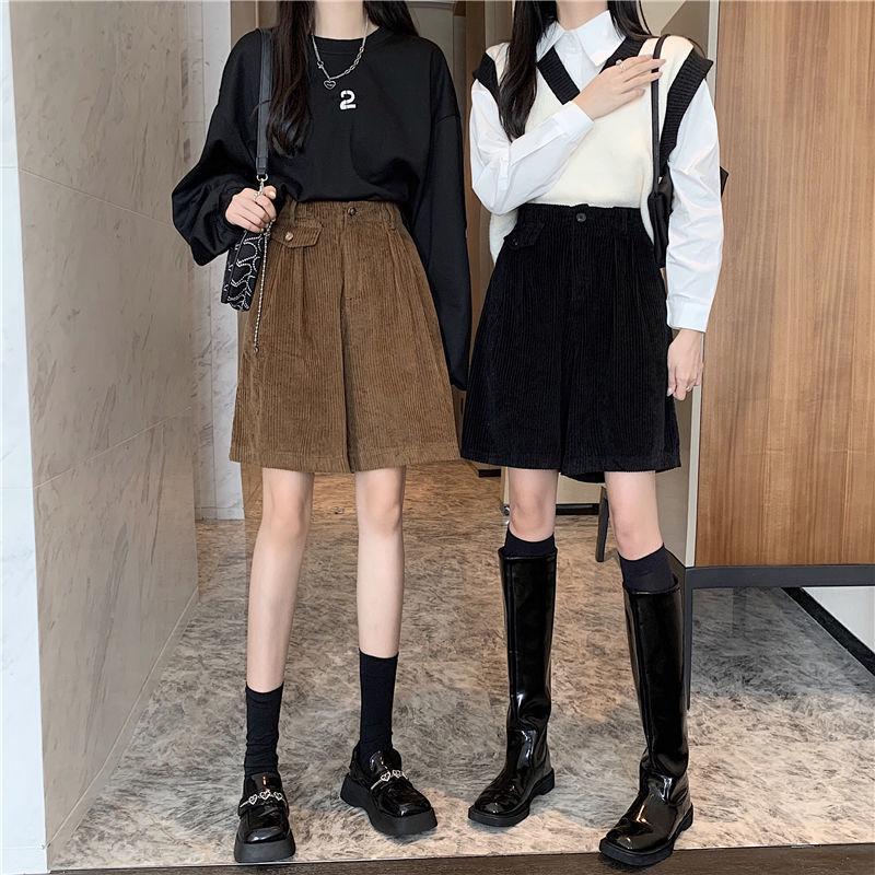 燈芯絨休閒五分短褲女冬季大碼胖mm韓版寬鬆直筒顯瘦a字闊腿中褲