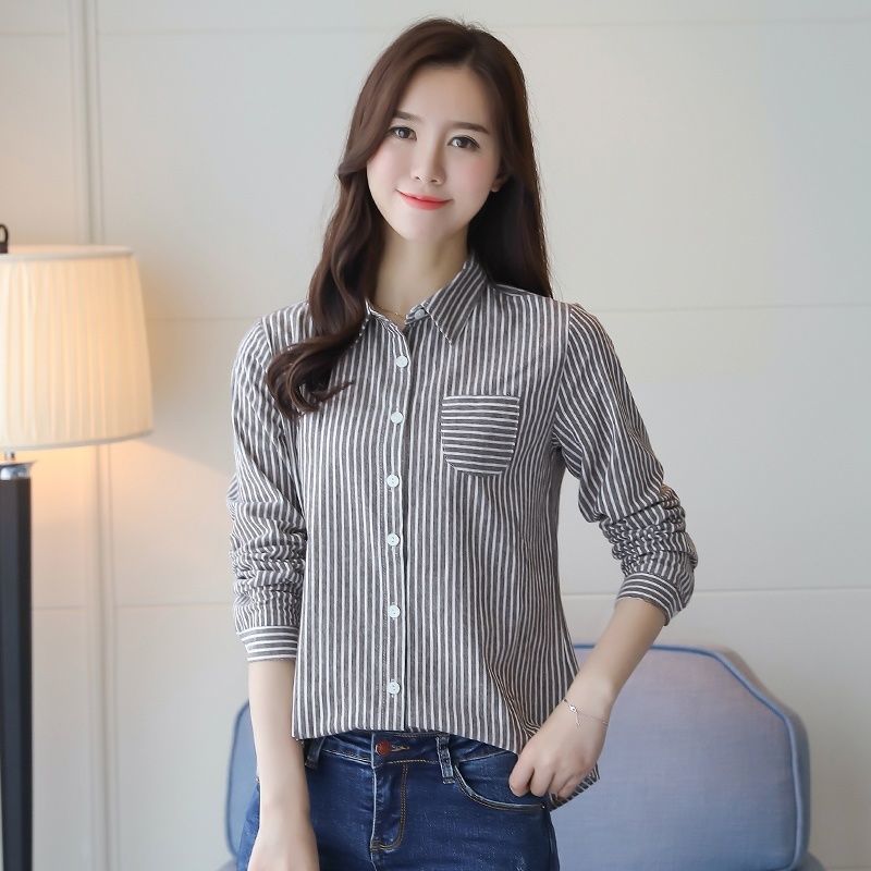 條紋長袖襯衫女春秋季韓版新款百搭修身純棉紐扣襯衣時尚打底上衣