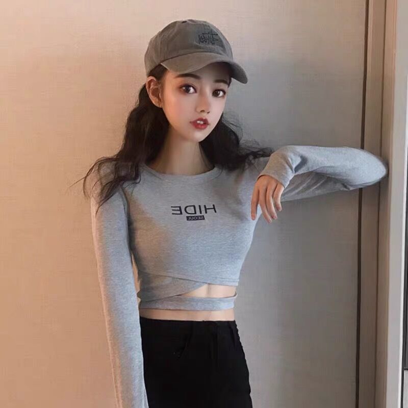 Tight and thin cross design sense niche long-sleeved t-shirt women's high waist short top autumn and winter bottoming shirt spring