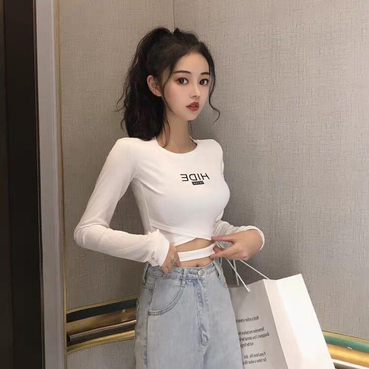 Tight and thin cross design sense niche long-sleeved t-shirt women's high waist short top autumn and winter bottoming shirt spring