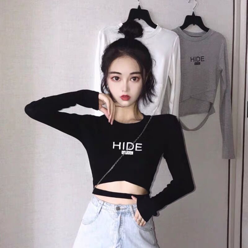 Tight and thin cross design sense niche long-sleeved t-shirt women's high waist short top autumn and winter bottoming shirt spring