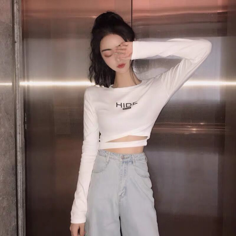 Tight and thin cross design sense niche long-sleeved t-shirt women's high waist short top autumn and winter bottoming shirt spring