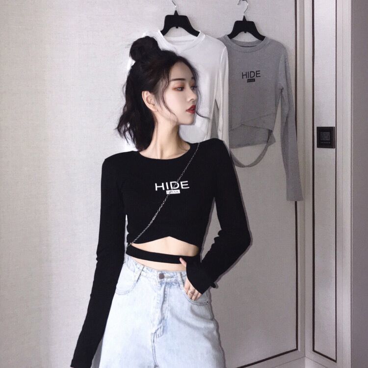 Tight and thin cross design sense niche long-sleeved t-shirt women's high waist short top autumn and winter bottoming shirt spring