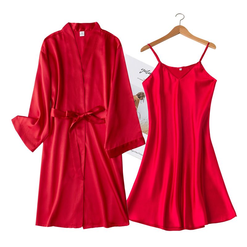 Wedding Nightgown long sleeve spring and autumn ice silk sexy silk pajamas Bridesmaid red wedding morning gown bride