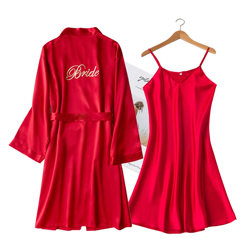 Wedding Nightgown long sleeve spring and autumn ice silk sexy silk pajamas Bridesmaid red wedding morning gown bride