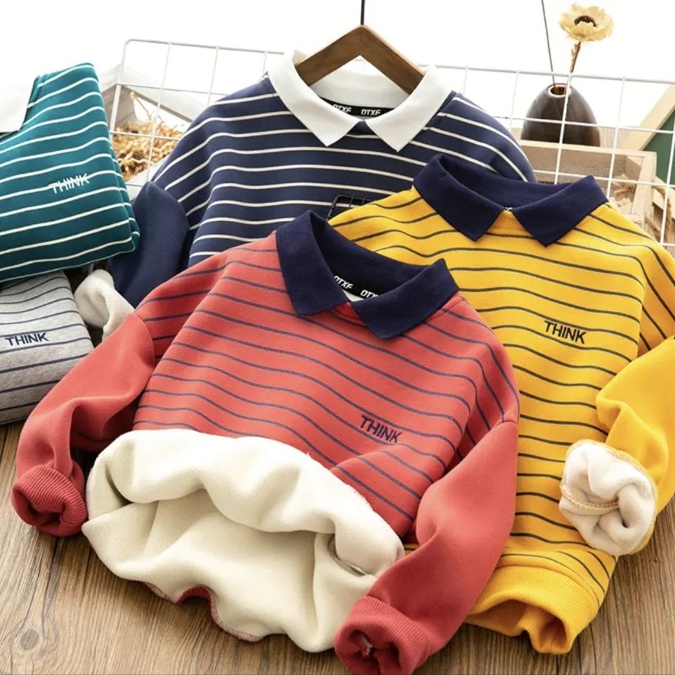 Boys fleece sweater 2021 autumn and winter new children's casual striped POLO shirt foreign style thickened warm top trend