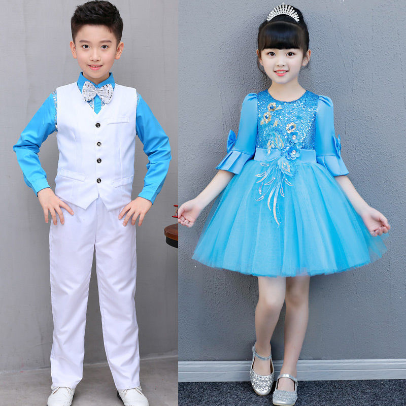 女童演出服蓬蓬裙兒童表演舞蹈服裝幼兒天藍色紗裙長袖男童合唱服