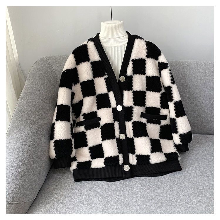 2022 New Checkerboard Sheep Shearing Coat Women's Lamb Wool Coat Fur Integrated Thickened Warm Cotton Clothes Trend