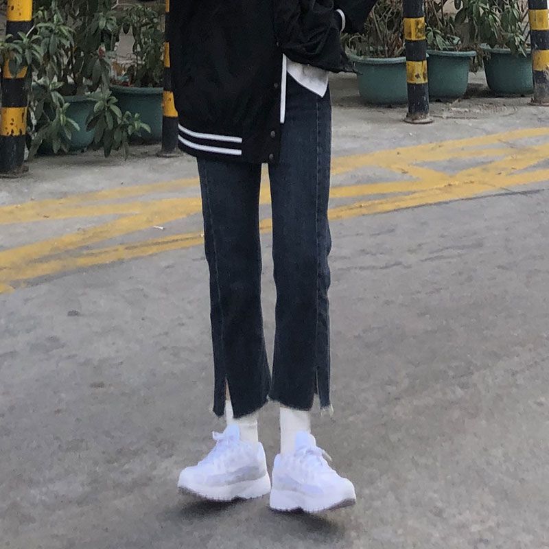 大碼胖妹妹mm煙管褲子年新款秋冬彈力顯瘦直筒褲開叉牛仔褲女