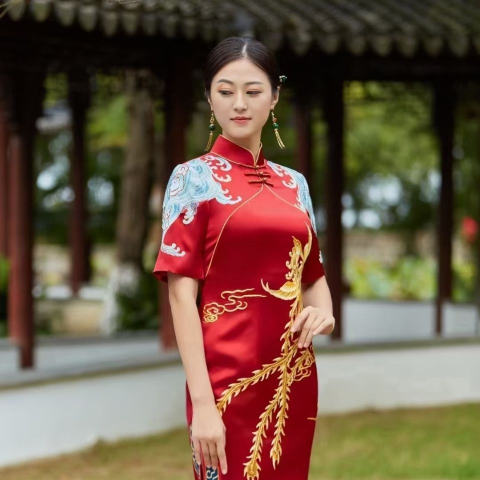 中国风复古风新娘妆敬酒服苏绣旗袍重磅真丝桑蚕丝盘金绣平绣