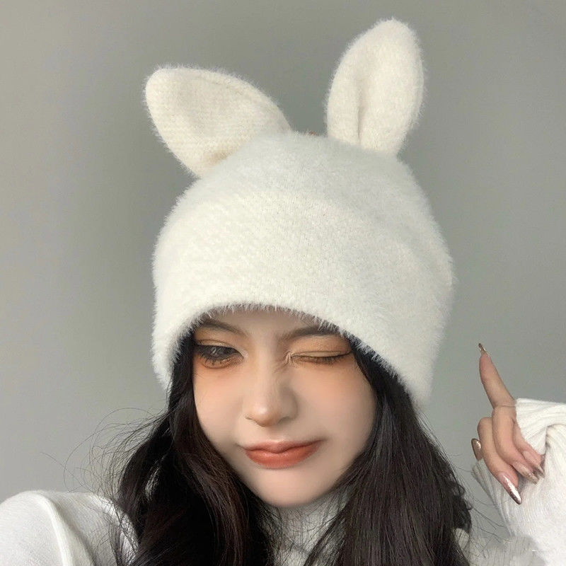 软fufu小奶兔兔耳朵针织帽毛线帽可爱甜美女孩毛茸茸冬季堆堆帽子