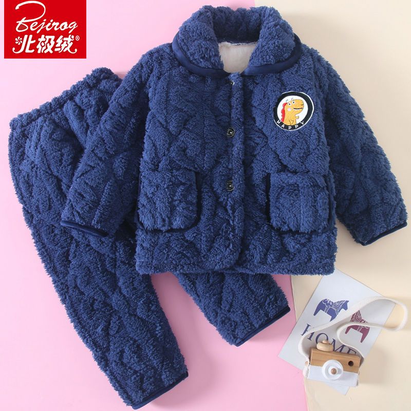 Children's pajamas winter three-layer quilted thickened flannel boys and girls coral fleece ultra-thick home service suit