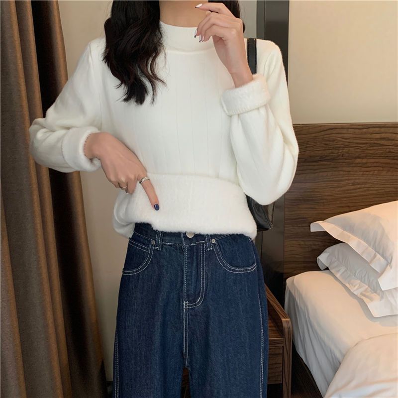 Velvet and thickened autumn and winter  new warm inner base sweater women's half turtleneck sweater long-sleeved top