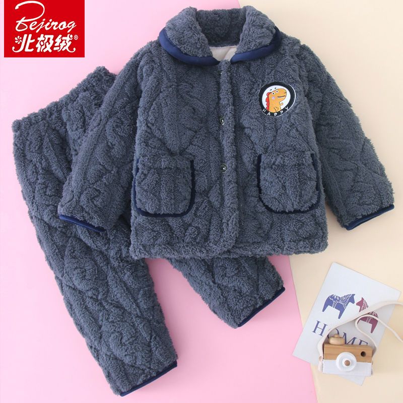 Children's pajamas winter three-layer quilted thickened flannel boys and girls coral fleece ultra-thick home service suit