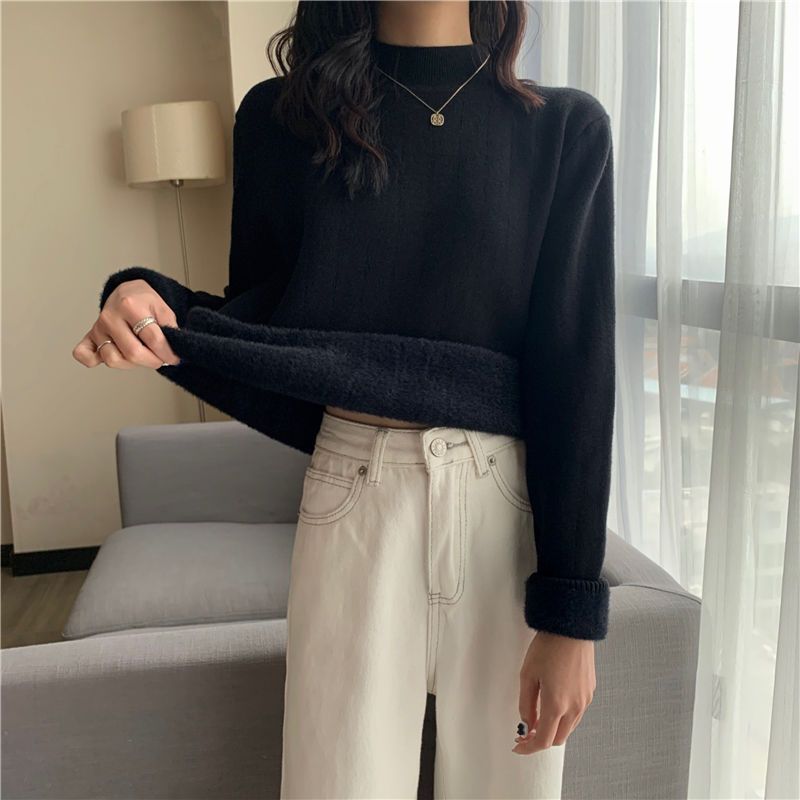 Velvet and thickened autumn and winter  new warm inner base sweater women's half turtleneck sweater long-sleeved top