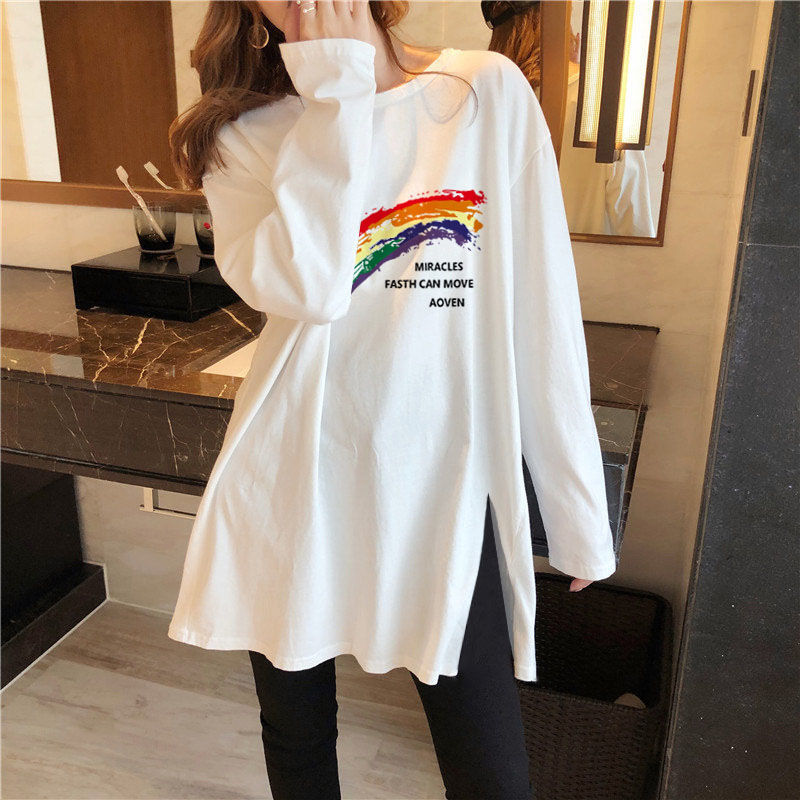 100%純棉白色長袖t恤女秋冬薄款2022韓版新款寬鬆大碼打底衫上衣