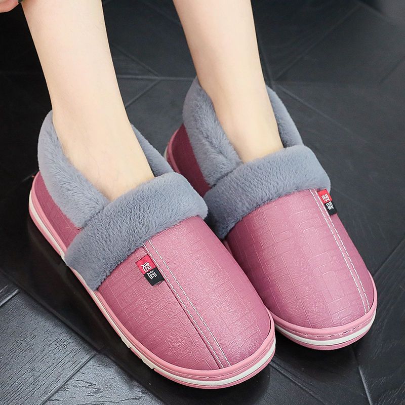 Buy one get one free winter waterproof PU lint slippers for men and women with bags and home indoor non-slip warm confinement shoes