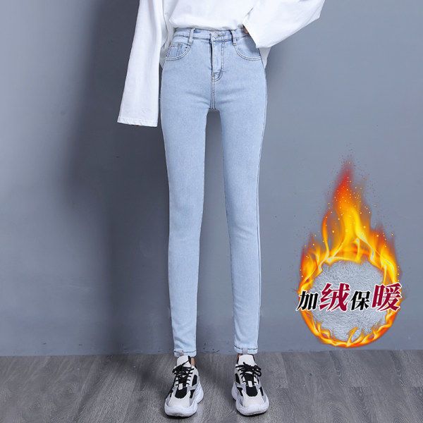 105899-一体绒加厚绒牛仔裤女2021寒冬发热弹力九分小脚修身浅色休闲长裤-详情图