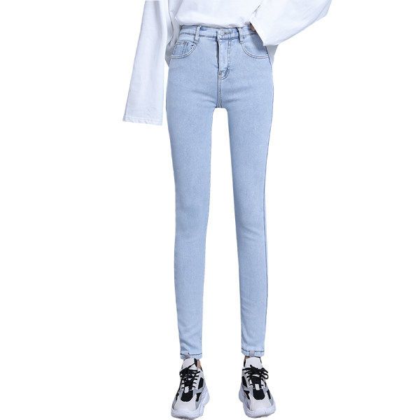 105899-一体绒加厚绒牛仔裤女2021寒冬发热弹力九分小脚修身浅色休闲长裤-详情图