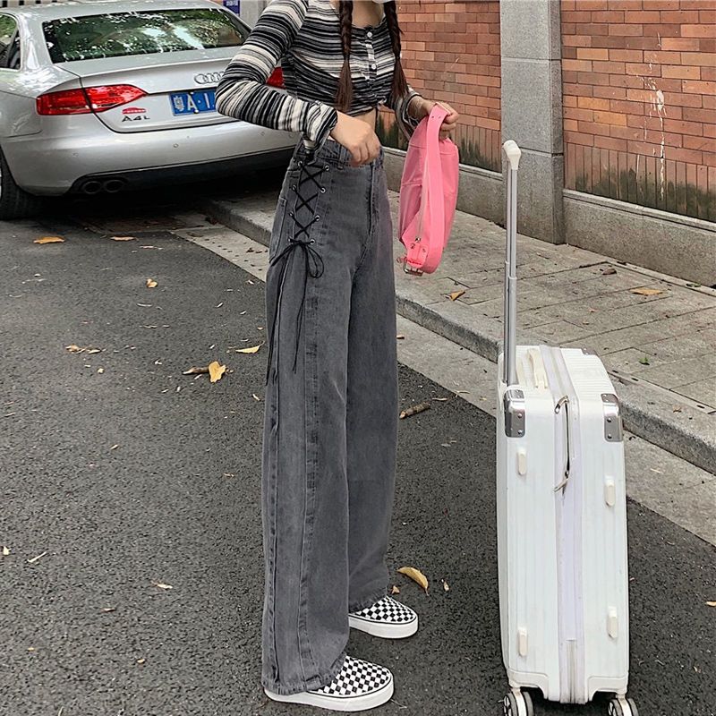 新款綁帶大碼闊腿褲高街ins潮設計感小眾秋冬牛仔褲女拖地褲