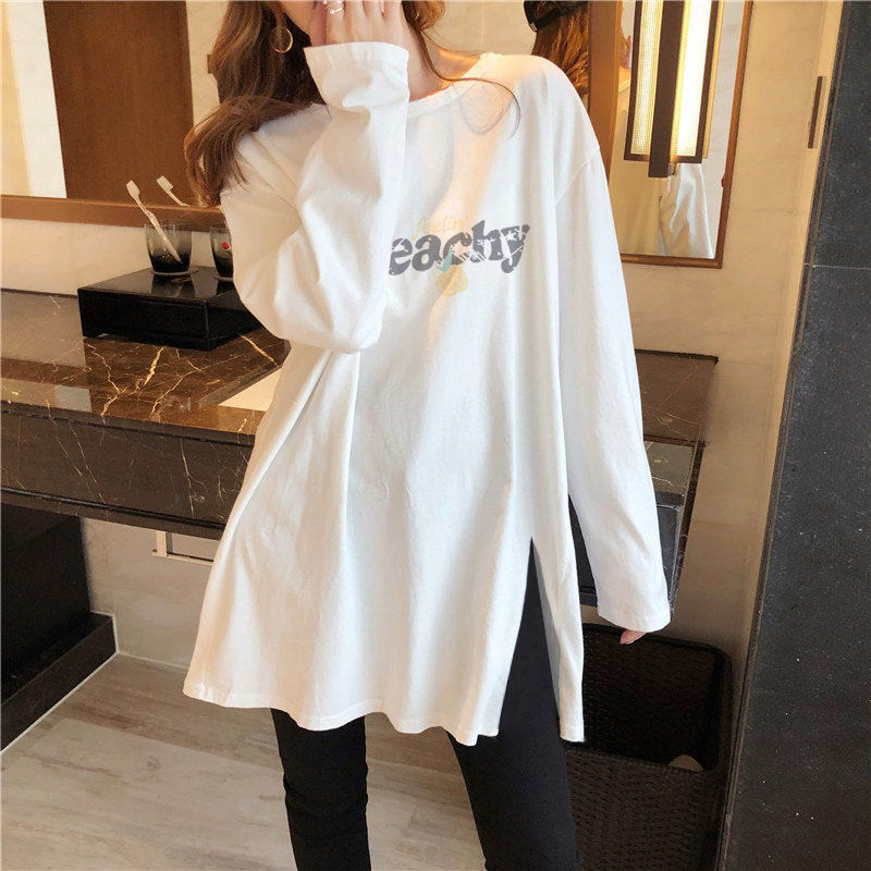 100%純棉白色長袖t恤女秋冬薄款2022韓版新款寬鬆大碼打底衫上衣