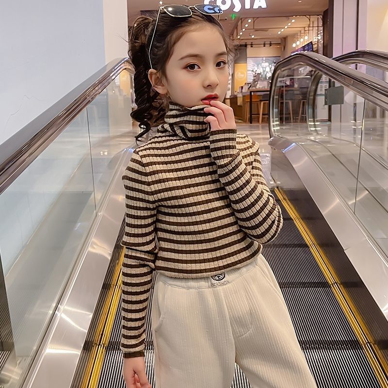 女童針織衫2022新款保暖毛衣條紋T桖打底衫秋冬高領中大兒童上衣