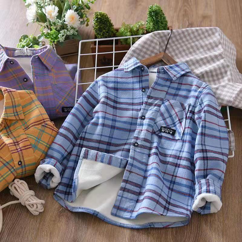 Boys' shirts in spring, autumn and winter styles, big children's plaid long-sleeved tops, pure cotton plus velvet, thickened children's cardigan tide