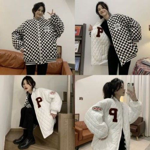 Lingge cotton clothing women's reversible wear  new autumn and winter Korean version loose thick baseball uniform checkerboard retro cotton clothing