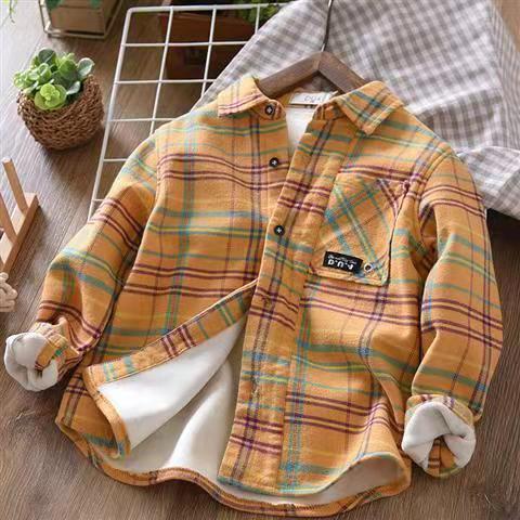Boys' shirts in spring, autumn and winter styles, big children's plaid long-sleeved tops, pure cotton plus velvet, thickened children's cardigan tide