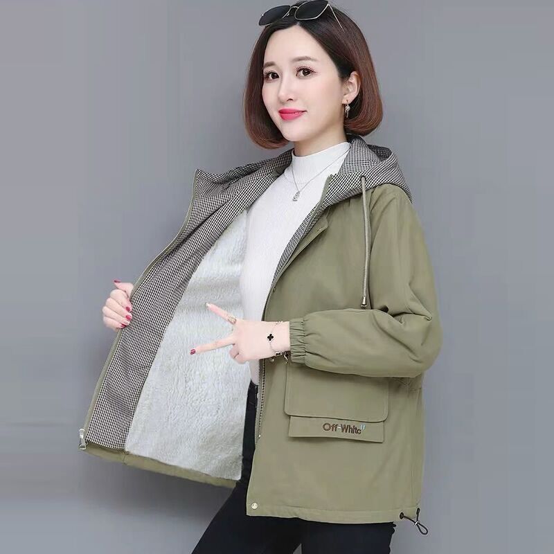 [with lining] jacket female  new all-match windbreaker female Korean version loose hooded jacket short tooling spring